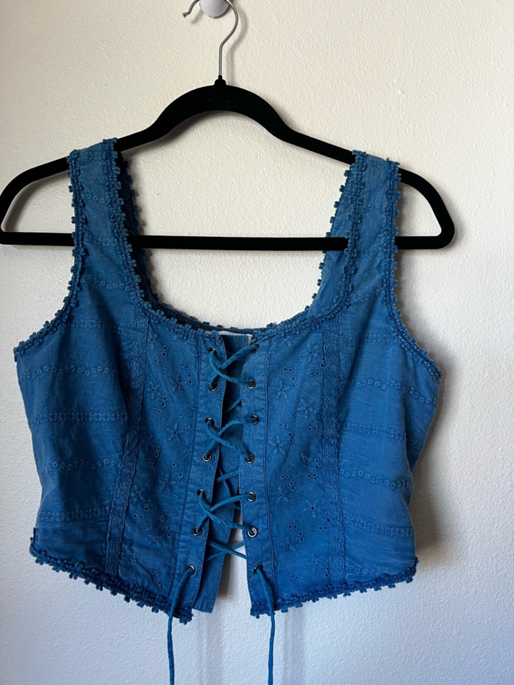 Japna Blue Lace Up Crop Top Boho Eyelet Cotton Tank Size L